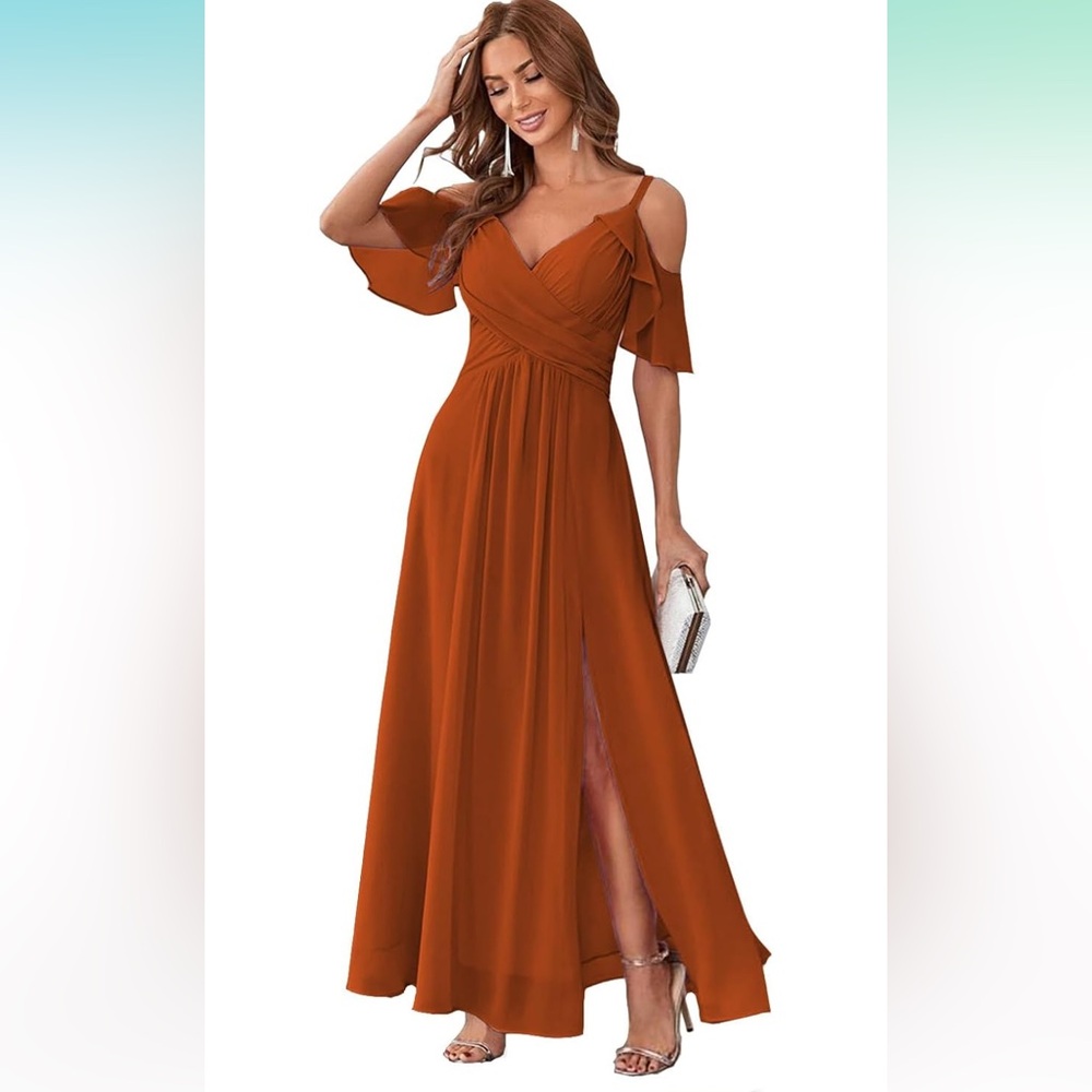 Cold-Shoulder Rust Maxi Dress with Front Slit